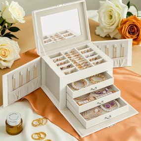Caixa para joias de 4 níveis 17,5 x 22,5 x 16,5 cm com pega e espelho branco-creme
