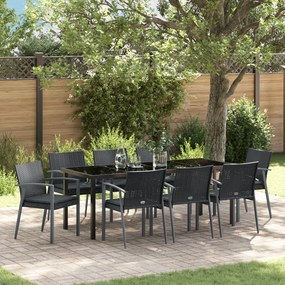 vidaXL Conjunto de Jantar de Jardim com 9 Peças e Almofadas em Rattan Sintético Preto