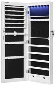 SONGMICS Armário de joias espelhado sem moldura, organizador de joias com 6 LEDs para pendurar na parede ou na porta, grande capacidade com 2 gavetas, branco JJC99WT