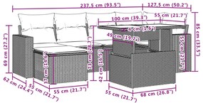 7 pcs conjunto de sofás jardim c/ almofadões vime PE castanho