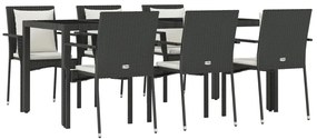 7 pcs conjunto de jantar p/ jardim c/ almofadões vime PE preto