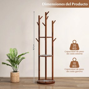 Cabide de madeira giratório de 167 cm para hall de entrada sala de estar com 3 Estantes 9 Ganchos para Casacos Bolsas Nogueira