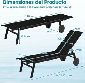 Espreguiçadeira de jardim com encosto ajustável em 6 posições, reclinável para piscina, terraço e jardim Preto