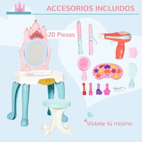 HOMCOM Toucador Infantil com Banco Espelho com Luz Música Secador e 20 Acessórios Toucador de Maquilhagem para Crianças acima de 3 Anos 41x27x82cm Multicolor