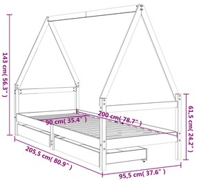 Estrutura cama infantil c/ gavetas 90x200cm pinho maciço branco