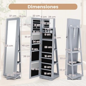 Espelho giratório 360° para joias com espelho de corpo inteiro Organizador de joias com espelho para maquilhagem 39 x 39 x 161 cm Cinzento