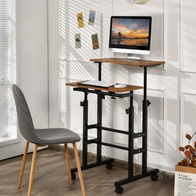 Mesa móvel para computador com rodas Mesa de pé e sentada ajustável em altura para escritório em casa cor nogueira e preto