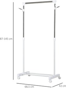 Charriot com Altura Ajustável Cabide com Rodas Portátil Prateleira Inferior Aço 68,5x42x87-145cm Branco e Prata