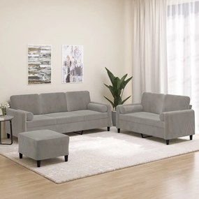 vidaXL 3 pcs conjunto sofás c/ almofadas/almofadões veludo cinza-claro