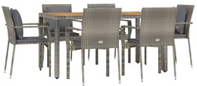 7 pcs conjunto de jantar p/ jardim c/ almofadões vime PE cinza