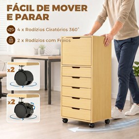 Bloco gavetas de Escritório com 5 Gavetas Armário com Fecho Suave Rodas e Suporte para Impressora Madeira Natural