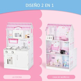 HOMCOM 2 em 1 binquedo de cozinha Casa de bonecas 3 andares com 12 acessórios incluidos para crianças acima de 3 anos 60x 48x 106 cm rosa