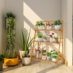 Estante para plantas com 3 níveis para vasos de flores em bambu para pátio e jardim 70 x 38 x 95,5cm Natural