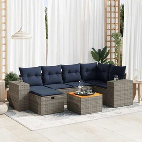 7 pcs conjunto sofás p/ jardim c/ almofadões vime PE cinzento