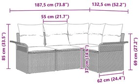 Conjunto de Sofá de Jardim com 4 Peças e Almofadas Pretas em Rattan Po