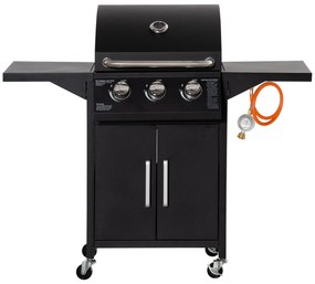 Outsunny Barbecue a Gás com 3 Queimadores Termómetro 2 Prateleiras Laterais Armário 4 Rodas e Travão 121x55x109 cm Preto | Aosom Portugal