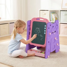 Cavalete Infantil 3 em 1, 43 x 38,5 x 55,5 cm, Quadro de Dupla Face, Rosa