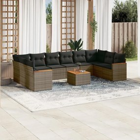 11 pcs conjunto sofás de jardim c/ almofadões vime PE cinzento
