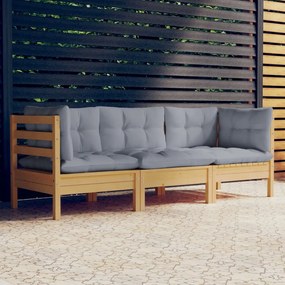 Sofá de jardim 3 lugares com almofadões cinzentos pinho maciço