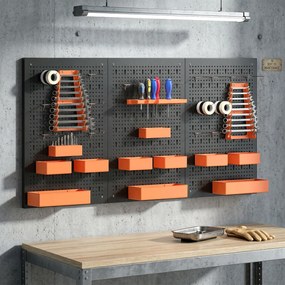 Organizador de Ferramentas de Parede de 33 Peças 120x60 cm com Ganchos Contentores e Prateleiras Preto e Laranja