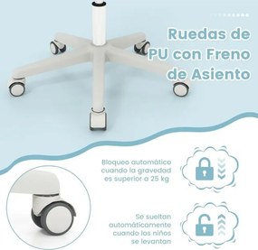 Cadeira giratória para crianças com altura ajustável, rodas com travão e apoios de braços ergonómica azul