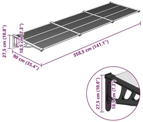 Toldo para porta 358,5x90 cm policarbonato preto/transparente