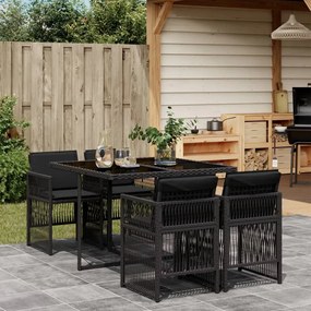 5 pcs conjunto de jantar p/ jardim c/ almofadões vime PE preto