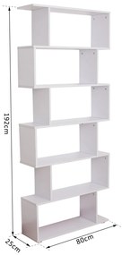 Estante Moderna em forma de S tipo Biblioteca de 6 Prateleiras- Madeira– Cor: Branco- 80 x 25 x 192 cm