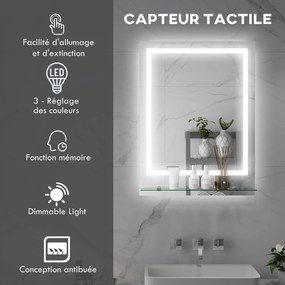 Espelho retangular 80 x 60 cm de parede com iluminação LED para casa de banho