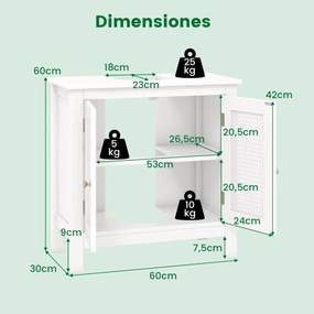 Armário para lavatório (Não incluído) com 2 portas de rattan com recorte em U 60 x 30 x 60 cm Branco