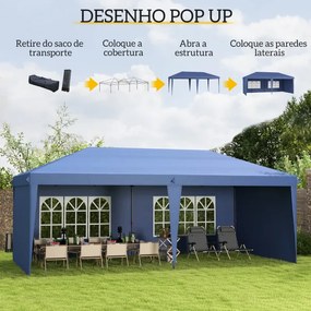 Tenda Dobrável 6x3 m Pop-up com 4 Laterais Desmontáveis Tenda de Jardim com 2 Janelas Visíveis Saco de Transporte Azul