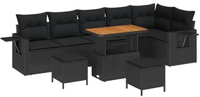 Conjunto de Sofá de Jardim vidaXL 9 Peças com Almofadas Preto Rattan P