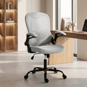 Cadeira de escritório ergonómica, cadeira de escritório em malha, braços rebatíveis, altura ajustável, função de balanço, cinzenta