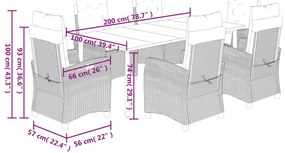 7 pcs conjunto jantar p/ jardim c/ almofadões vime PE castanho