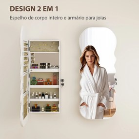 Espelho-Joalheiro com Luz LED Montado na Parede ou na Porta com Fechadura, Espelho de Corpo Inteiro Branco