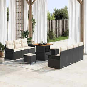 Conjunto de Sofá de Jardim vidaXL de 10 Peças com Almofadas Preto Vime Sintético Acácia