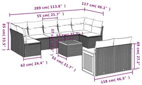 10 pcs conjunto sofás de jardim c/ almofadões vime PE preto