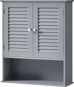 Armário de casa de banho para montagem na parede 20 x 60 x 70 cm, com prateleiras ajustáveis e portas duplas com lamas cinzento