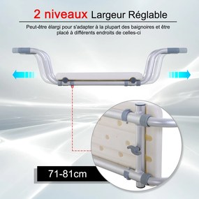 Assento para banheira - Assento suspenso ajustável para banho - Banco de casa de banho - dim. 73-83 x 22 x 18 cm - alumínio e HDPE branco