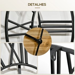 Relógio de Parede Silencioso de Ø60 Relógio de Parede de Metal e Madeira com Números Romanos sem Tique-Taque Funciona com Pilhas Estilo Vintage Decora