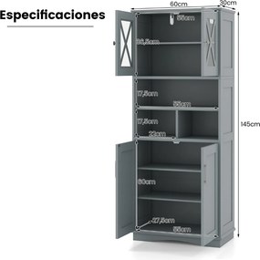 Armário multifuncional de casa de banho ou cozinha 60 x 30 x 145 cm com portas e 3 cubos e com estantes ajustáveis Cinzento