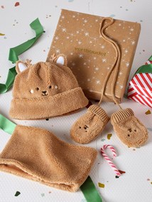 Conjunto de natal com gorro de ursinho, gola e luvas para bebé noz pecã