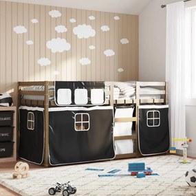 vidaXL Beliche com cortinas 90x200 cm pinho maciço branco e preto