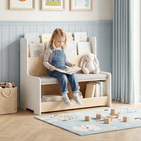 Banco com arrumação infantil 3 em 1, almofada acolchoada, capa removível, estante e compartimentos abertos para crianças a partir dos 3 anos, branco