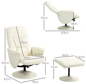 Poltrona Relax com Apoio para os Pés Estofada em PU  Reclinável até 145° e Giratório 360° com Encosto Ajustável 81x81x105cm Creme