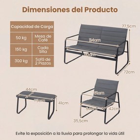 Conjunto de 4 Peças para Exterior: Sofá de 2 Lugares, 2 Cadeiras e Mesa de Centro, 75 x 44 x 41 cm, Almofadas Removíveis, Preto+Cinza
