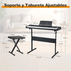 Teclado eletrónico de 61 teclas 90,5 x 23 x 5,5 cm para principiantes com suporte e banco ajustáveis 128 ritmos e tons 80 demos Preto