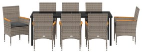 Conjunto de Jantar vidaXL de 9 Peças com Almofadas em Rattan Cinza