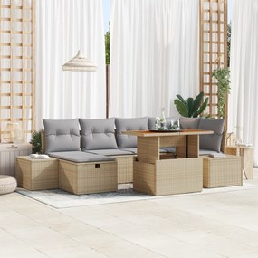 Conjunto de Sofá de 7 Peças de Jardim com Almofadas Bege Vime PE