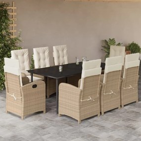 9 pcs conjunto de jantar p/ jardim com almofadões vime PE bege